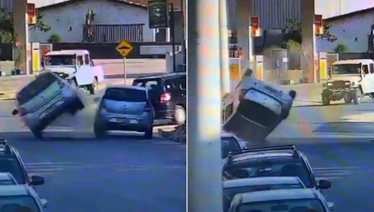 Неудачливый водитель умудрился опрокинуть на крышу свою легковушку, наехав на припаркованный автомобиль - видео