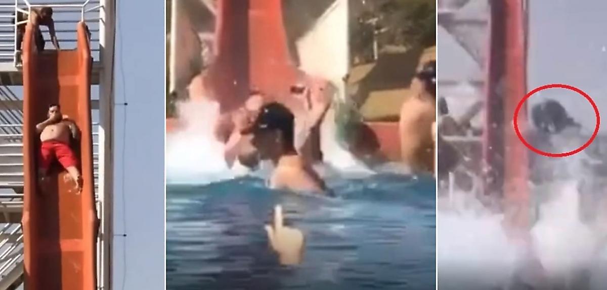 Тучный купальщик, скатываясь с водной горки, лишил зазевавшегося туриста головного убора - видео