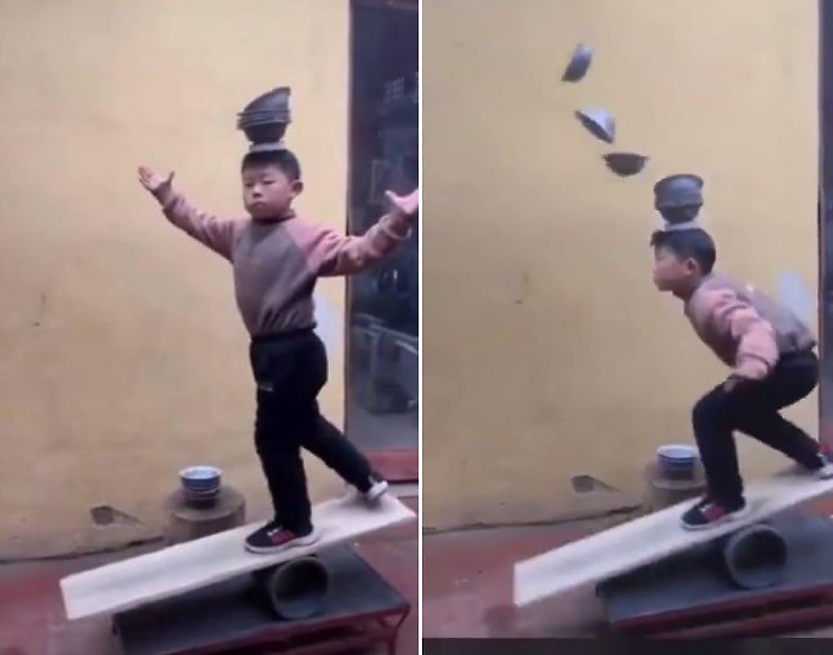 Юный китаец, балансируя на катушке, удивил способностью ловить миски головой