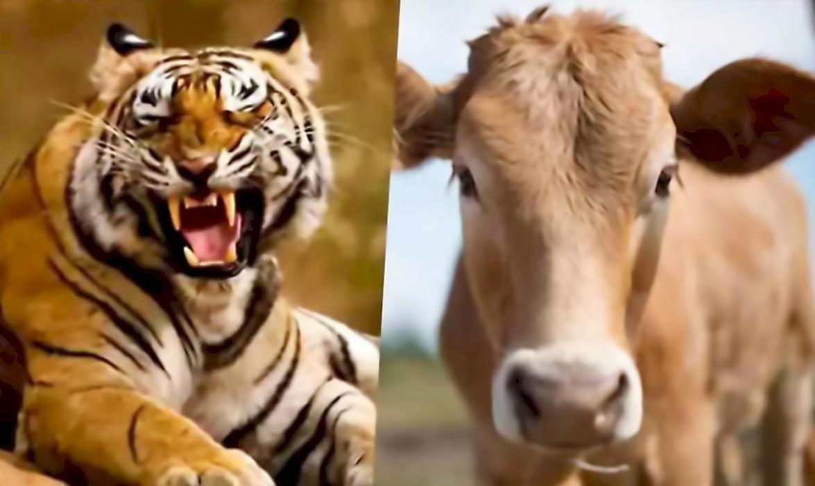 Корова отбила телёнка у голодного тигра на глазах у туристов в Индии