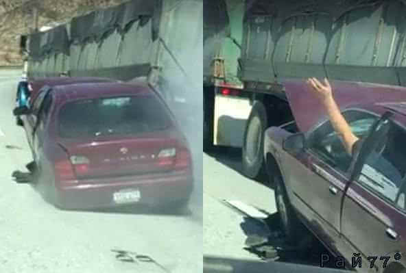 Американский автовладелец выручил коллегу, остановив грузовик, к кузову которого прицепился легковой автомобиль. (Видео)