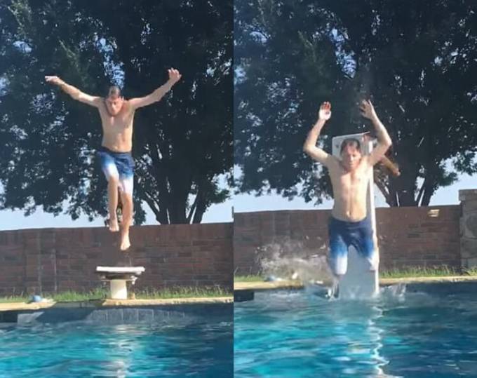 Молодой американец совершил забавный прыжок с трамплина в бассейн. (Видео)