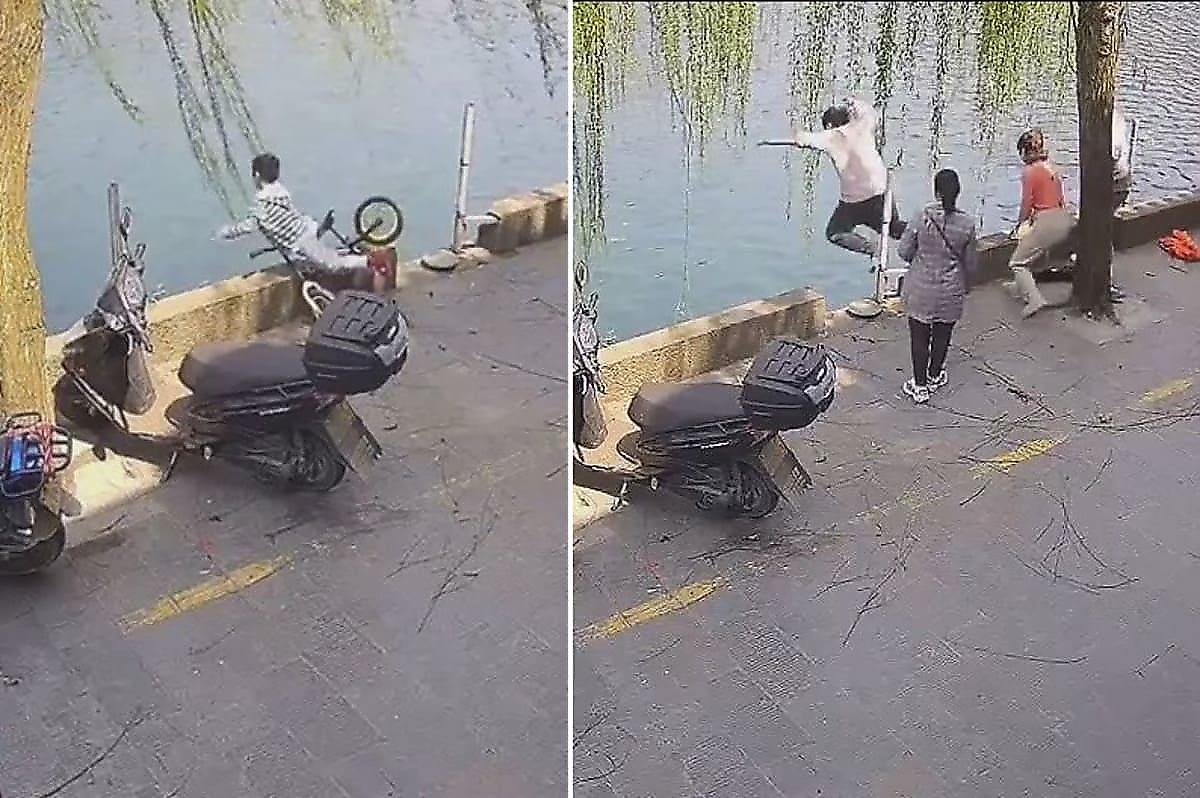 Малолетний велосипедист упал с парапета в реку в Китае