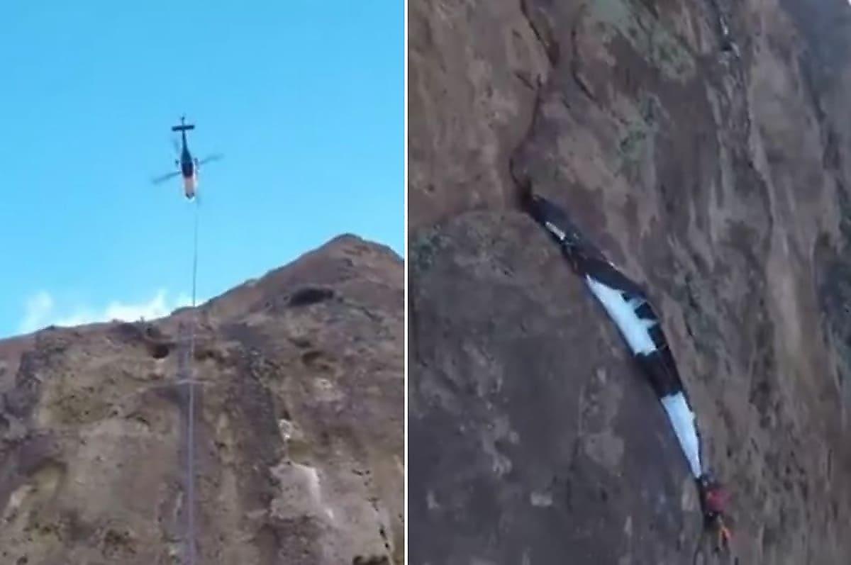 Спасение бейсджампера, повисшего на парашюте на скале, попало на видеокамеру в США