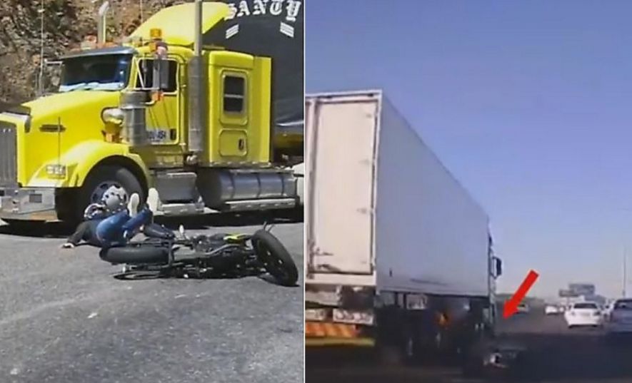 Удачливые мотоциклисты, оказавшиеся на пути грузовиков, попали на видеокамеры в ЮАР и Колумбии ▶