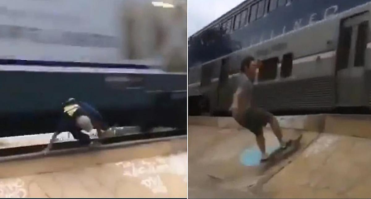 Скейтбордисты устроили слалом прямо под колёсами поезда - видео