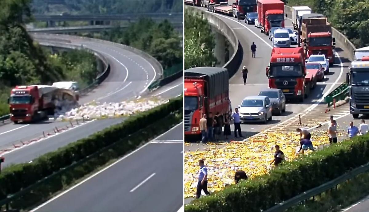 30 тонн апельсинов вывалились из фуры и засыпали китайскую магистраль - видео