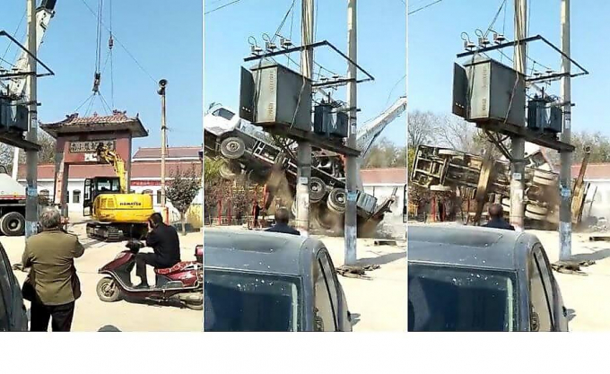 Экскаваторщик помог крановщику завалить свою стройтехнику при демонтаже стены в Китае (Видео)