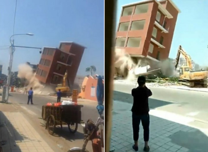 Водитель завалил здание на свой экскаватор во время сноса в Китае (Видео)