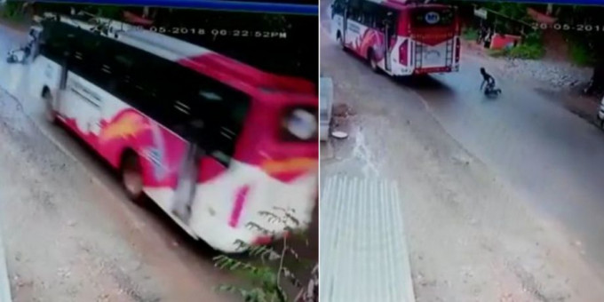 Индиец лишился мотоцикла, чуть не угодив под автобус (Видео)