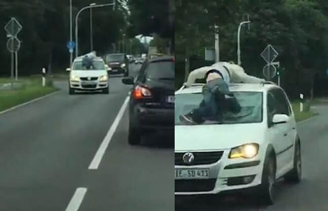 Автомобиль с «живым багажом» на крыше был запечатлён на оживлённой магистрали в Германии. (Видео)