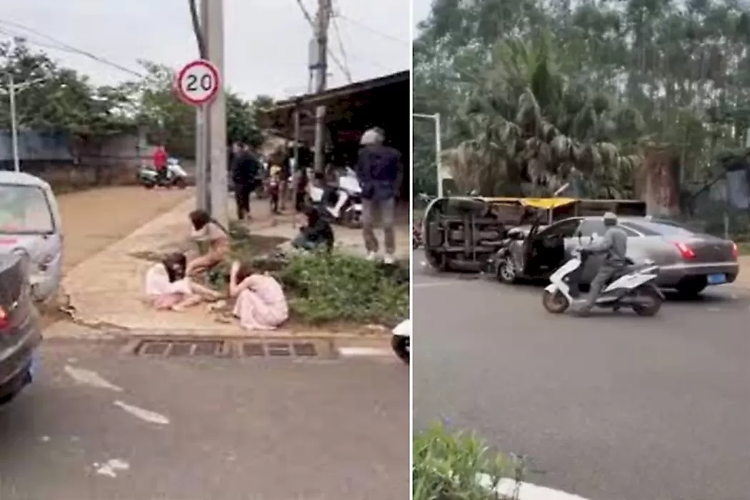 Три девицы на «Ягуаре» завалили на бок школьный автобус в КНР: видео