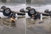 Пешеход спас водителя и ребёнка, оказавшихся заблокированными в упавшем в реку автомобиле ▶