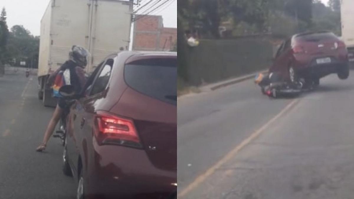 Мотоциклистка и автомобилистка не поделили дорогу в Бразилии