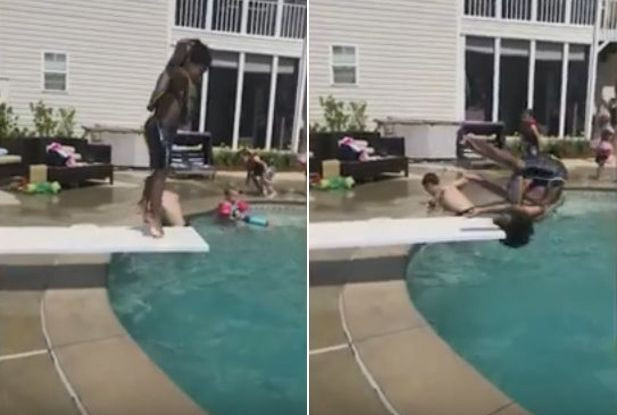 Ребёнок совершил прыжок в бассейн, оттолкнувшись от трамплина лбом (Видео)