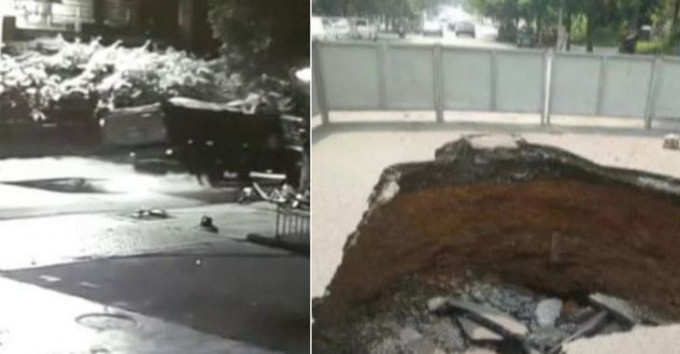 Грузовик проломил дорожное покрытие в Китае (Видео)