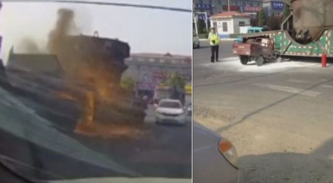 Моторикша врезался в танкер, перевозящий раскалённый металл в Китае (Видео)