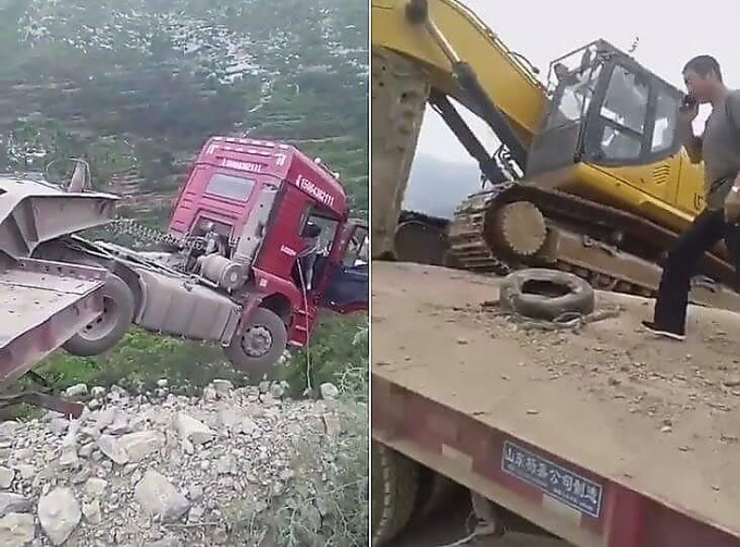 Экскаватор предотвратил крушение грузовика, транспортирующего его, от падения в ущелье (Видео)