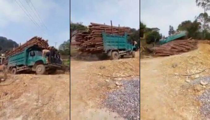 Лесовоз не смог преодолеть подъём на сельской дороге в Тайланде (Видео)