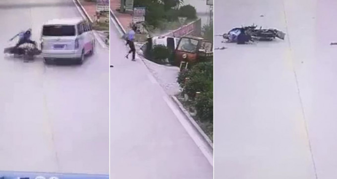 Хитрый мотоциклист, подрезавший фургон, запоздало принял позу жертвы, на китайской магистрали (Видео)