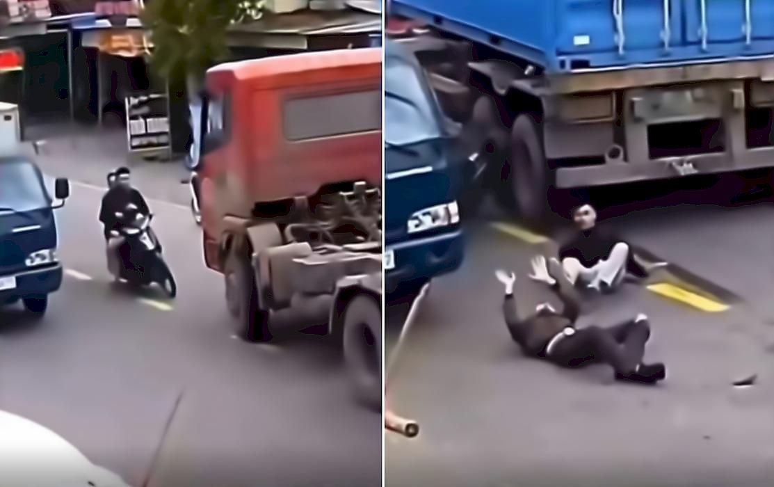 Экстремалы потеряли мотоцикл и пережили столкновение с двумя грузовиками в Китае