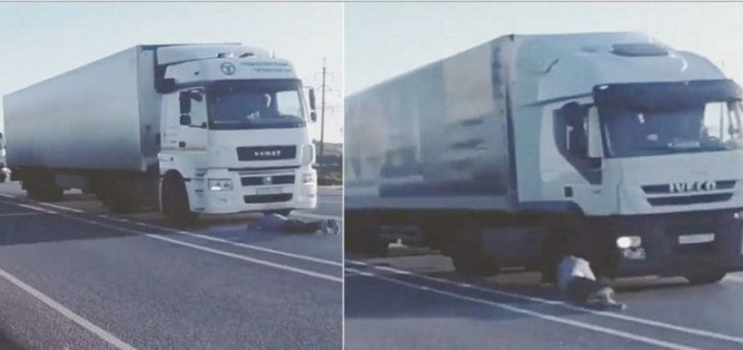 Молодой человек, проигравший спор, бросился под колёса грузовика (Видео)