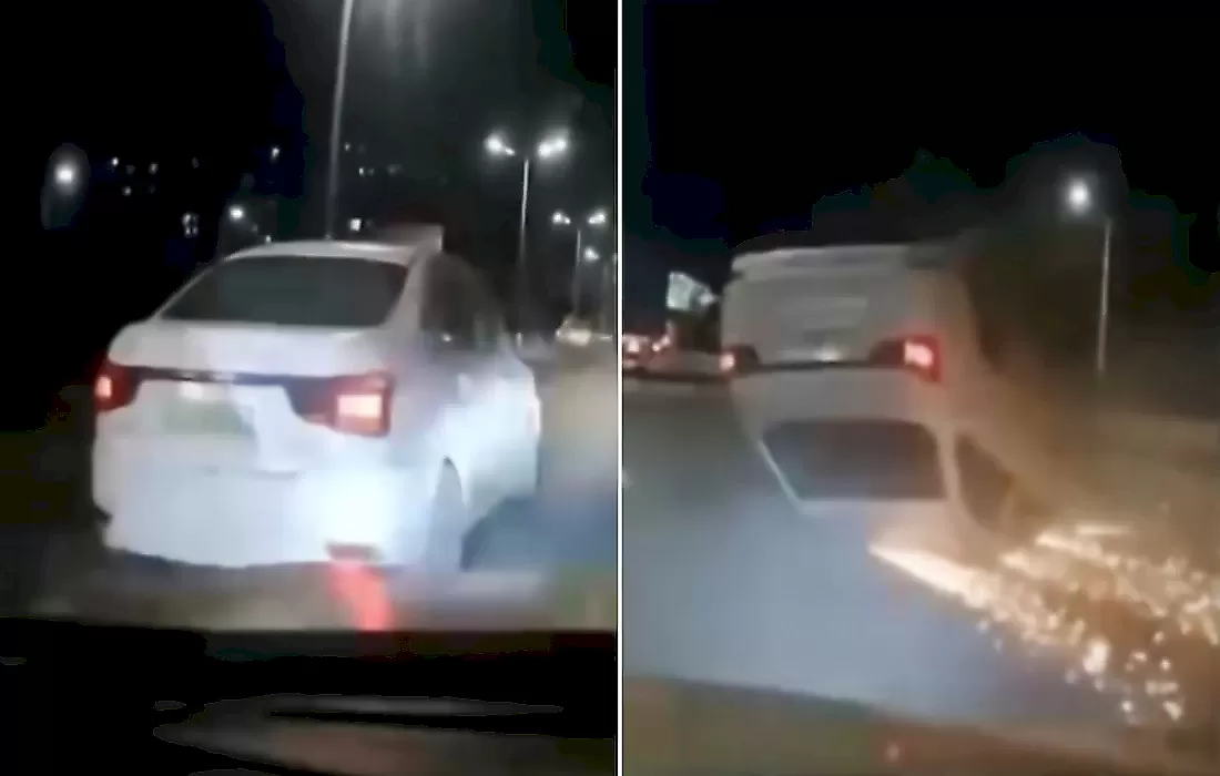 Искрящаяся легковушка попала на видео на китайской магистрали