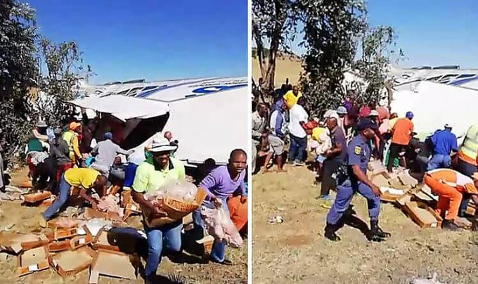 Толпы местных жителей «разгрузили» перевернувшуюся фуру с курицей в ЮАР (Видео)