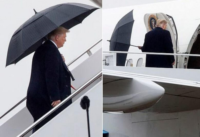 Трамп, не справившись с зонтом, бросил его на трапе самолёта (Видео)