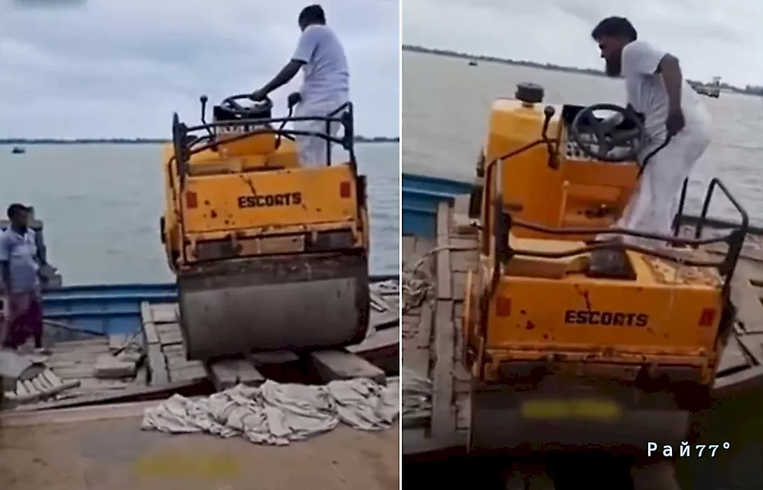 Рабочие утопили дорожный каток, перемещая его на судно - видео
