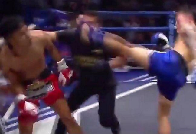 Судья получил в нос, оказавшись на линии удара во время поединка тайских боксёров (Видео)