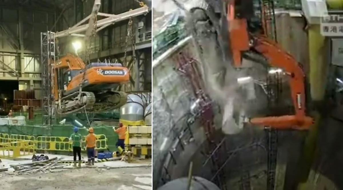 Китайские строители, транспортируя экскаватор, завалили его в шахту - видео