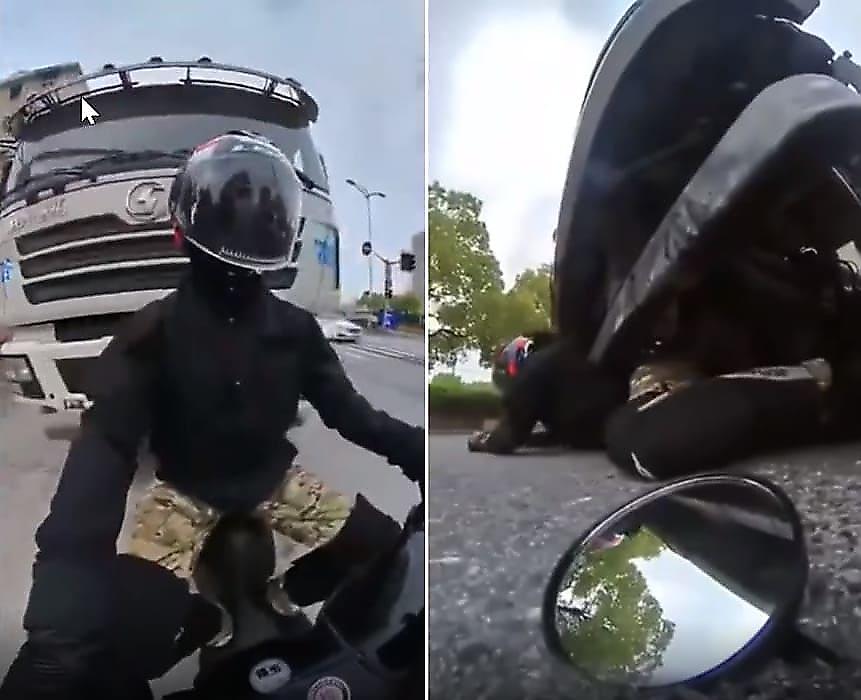 Мотоциклист, побывавший под колёсами фуры, запечатлел своё спасение