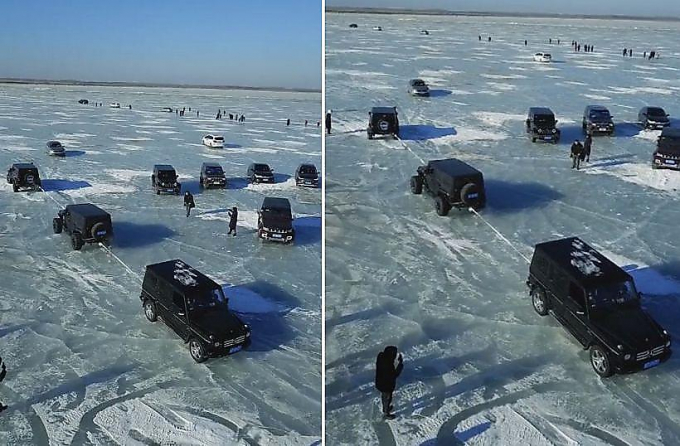 «Мерседес» утащил два «Вранглера» во время тест-драйва на льду озера в Китае ▶