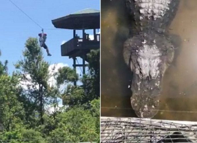 Из за неисправности аттракциона, отец с сыном зависли над бассейном с крокодилами во Флориде (Видео)