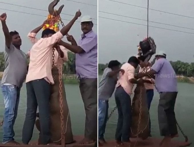 Четыре мужчины, стоящие на площадке, удерживаемой краном, сорвались в реку в Индии (Видео)