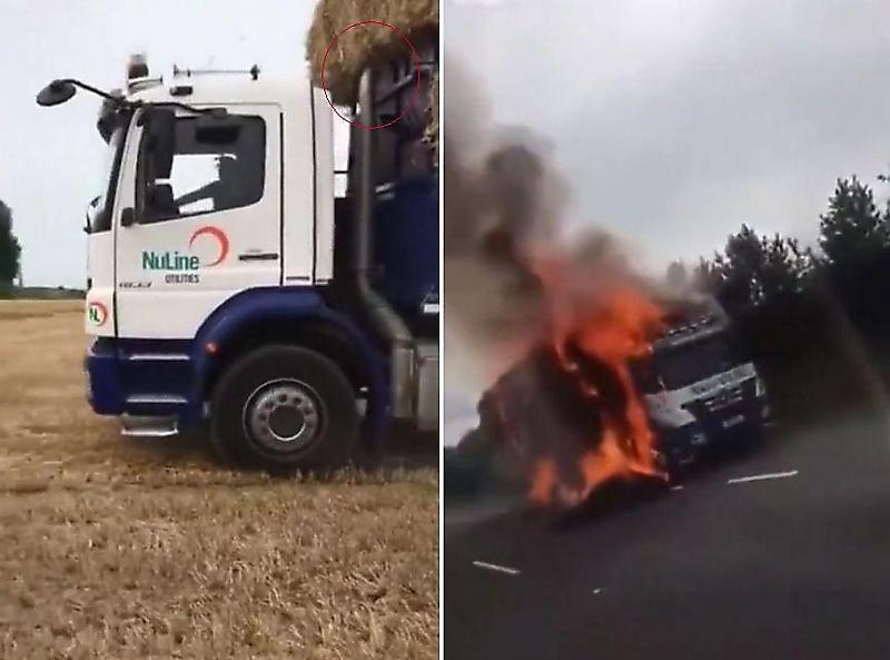 Водитель, перегрузивший грузовик сеном, неожиданно спалил свой автомобиль ▶