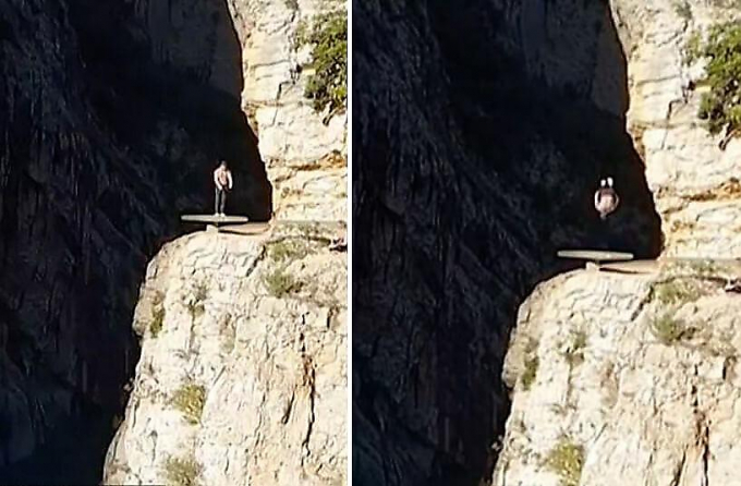 Испанский экстремал выполнил сальто на краю 40-метровой скалы ▶