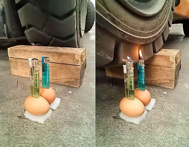 Водитель погрузчика, колесом зажёг две зажигалки, стоящие на яйцах (Видео)
