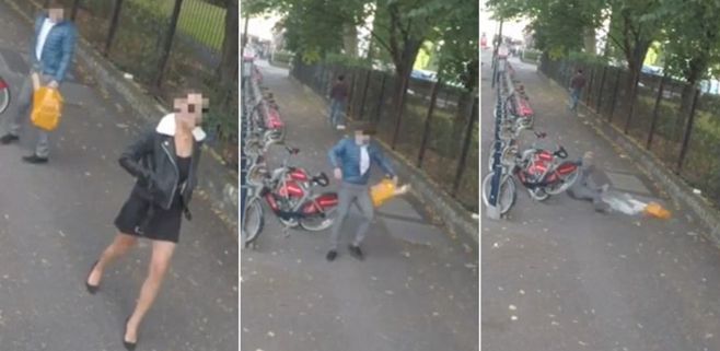 Мужчина, чуть не сломал шею и разбил бутылку с молоком, засмотревшись на девушку в Британии. (Видео)