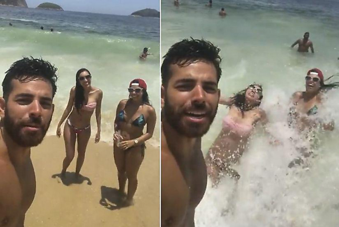 Волна испортила селфи троим отдыхающим в Бразилии ▶