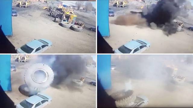 <p>
	В городе Киселевске, Кемеровской области несколько дней назад камера видео наблюдения запечатлела драматический момент накачки огромного колеса от «БелАЗа».
</p>