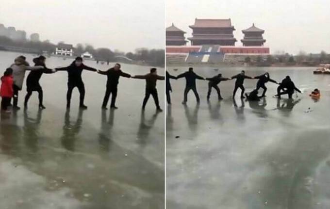 Несколько десятков человек, выстроившись цепью, спасли провалившуюся под лёд китайскую семью (Видео)