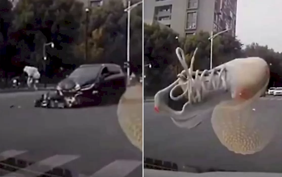 Кроссовок слетел с ноги мотоциклиста и чуть не разбил лобовое стекло: видео
