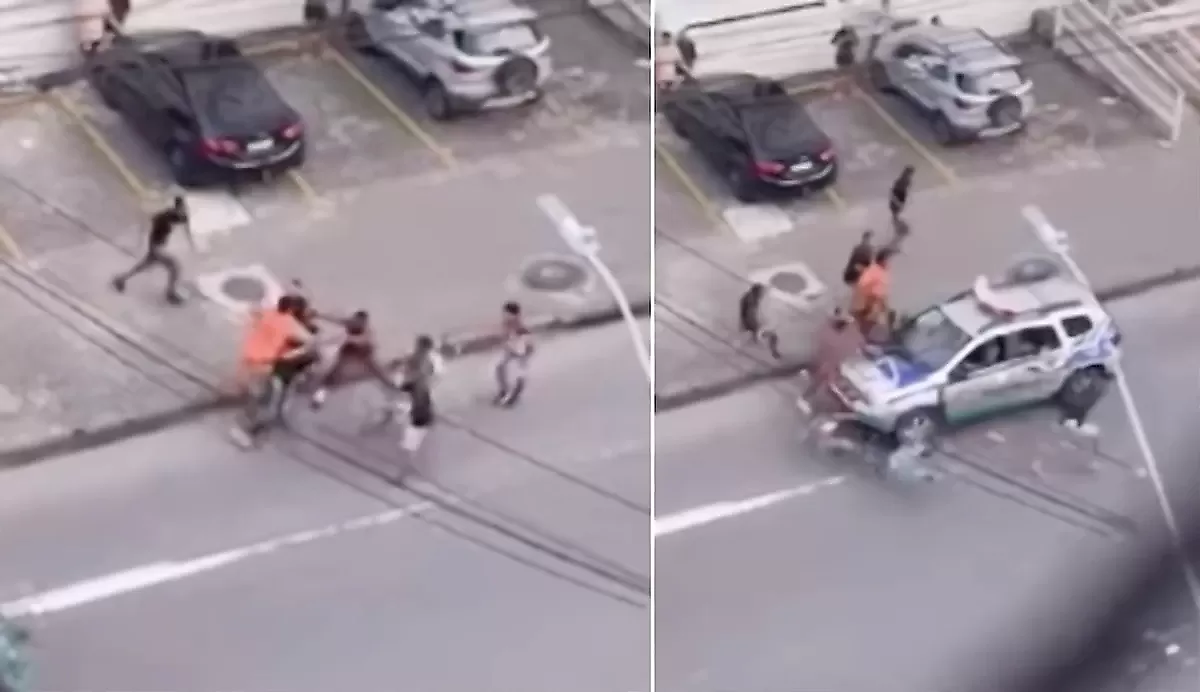 Полицейские на автомобиле протаранили хулиганов и остановили драку - видео