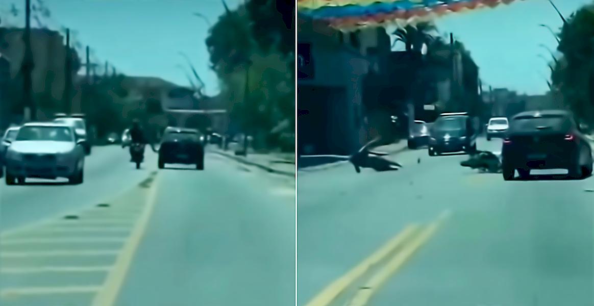 Упрямый мотоциклист, пиная автомобиль обидчика, совершил зрелищное падение и попал на видео