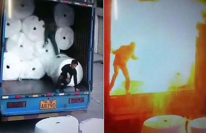 Грузчики во время работ спалили грузовик и бухты легковоспламеняющегося материала в Китае ▶