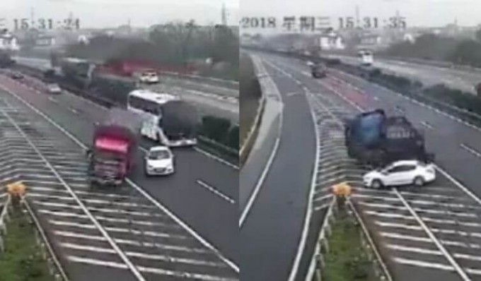 Неопытный автомобилист стал виновником крушения двух грузовиков в Китае (Видео)